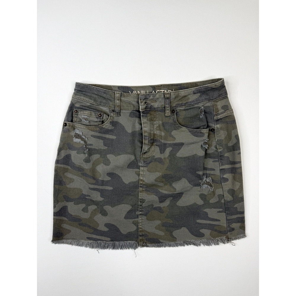 Vanilla Star Mini Skirt Womens 3 Green‎ Camouflage Stretch Distressed Raw Hem